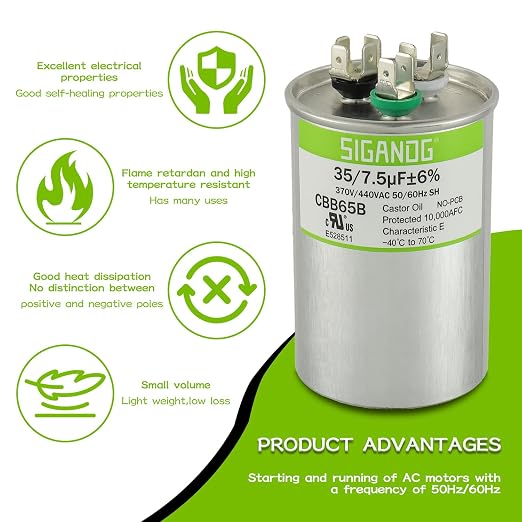 35/7.5 uF 35+7.5 MFD 370V or 440V CBB65 Dual Run Start Round Capacitor 35 7.5 uF MFD 370 440 Volt VAC for, alternate view 5