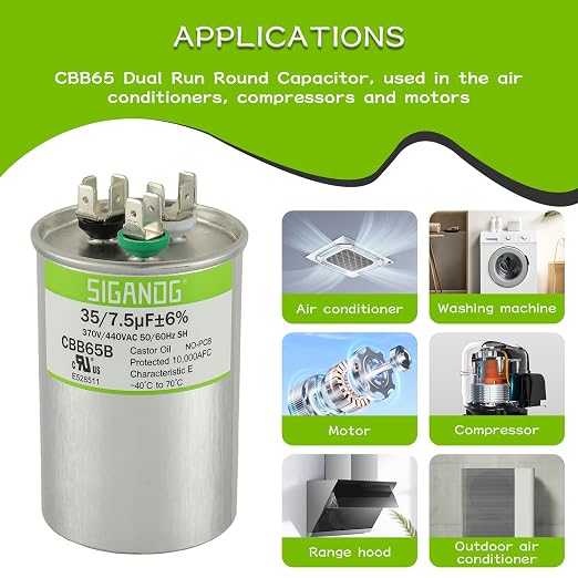 35/7.5 uF 35+7.5 MFD 370V or 440V CBB65 Dual Run Start Round Capacitor 35 7.5 uF MFD 370 440 Volt VAC for, alternate view 7