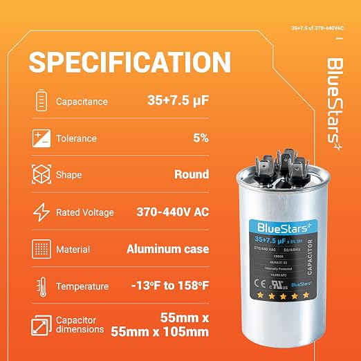 35+7.5 uf/MFD 370-440V AC Dual Run Capacitor CBB65B – Replacement for AC Motor, Fan Start, and Heat Pump Air Conditioners