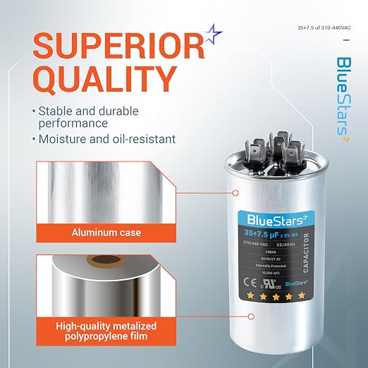 35+7.5 uf/MFD 370-440V AC Dual Run Capacitor CBB65B – Replacement for AC Motor, Fan Start, and Heat Pump Air Conditioners