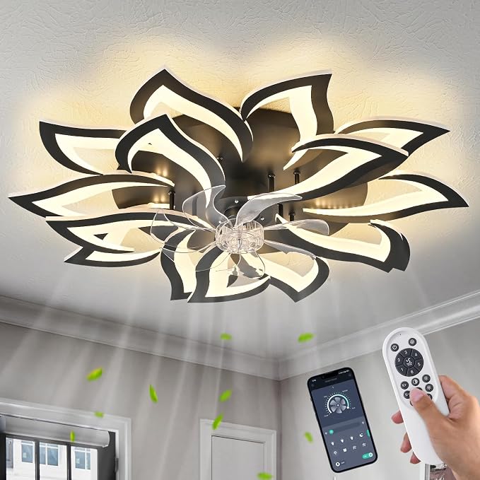 35" Black Modern Ceiling Fan with Lights Remote Control, 6 Speeds 3 Light Color Low Profile Flush Mount Ceiling Fan with