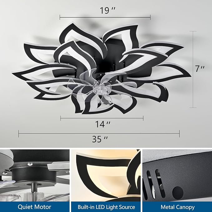 35" Black Modern Ceiling Fan with Lights Remote Control, 6 Speeds 3 Light Color Low Profile Flush Mount Ceiling Fan with