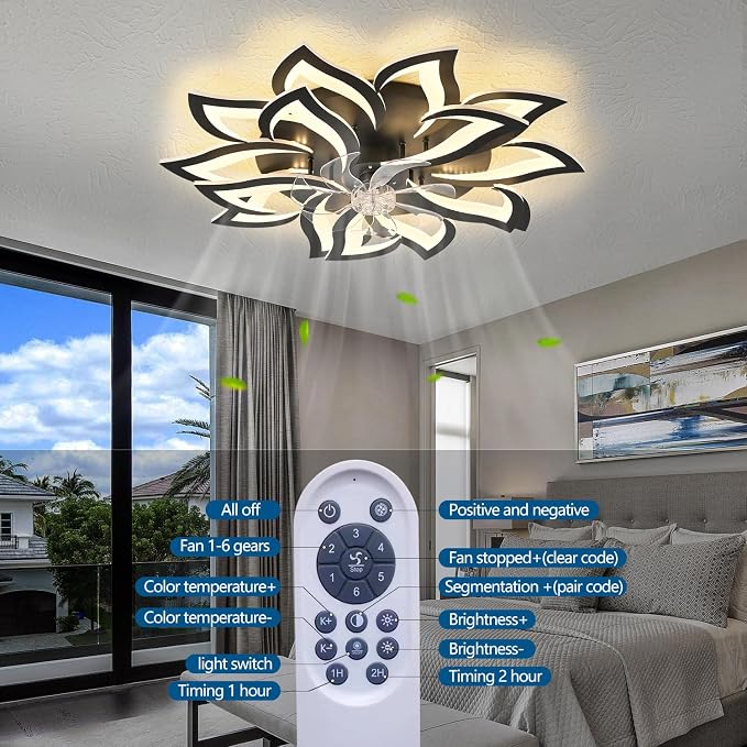 35" Black Modern Ceiling Fan with Lights Remote Control, 6 Speeds 3 Light Color Low Profile Flush Mount Ceiling Fan with