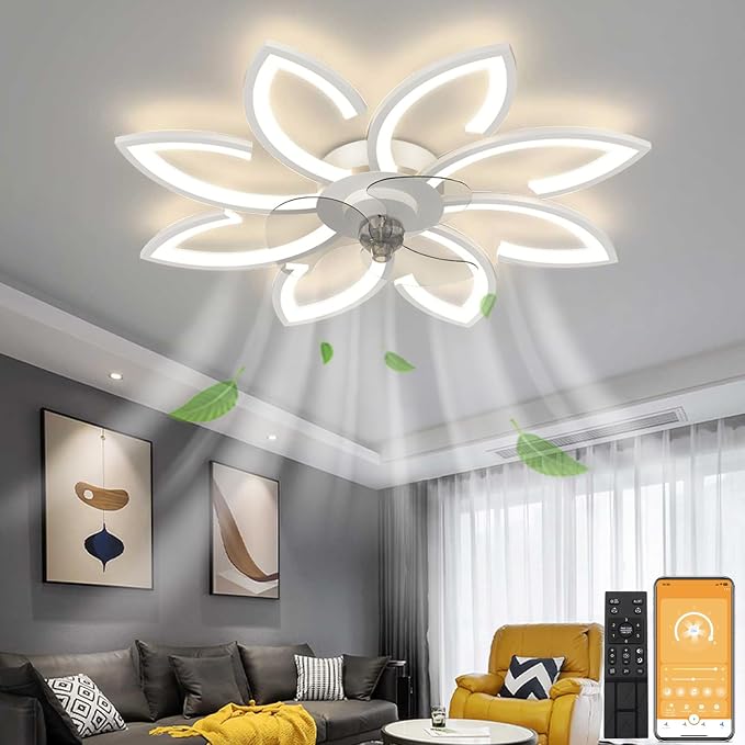 35′′ Ceiling Fans with Lights, Modern Low Profile Ceiling Fans with Lights and Control, Dimmable 3 Color Flush Mount LED