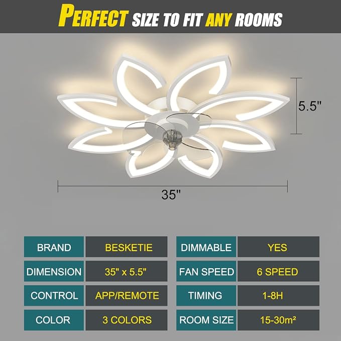 35′′ Ceiling Fans with Lights, Modern Low Profile Ceiling Fans with Lights and Control, Dimmable 3 Color Flush Mount LED