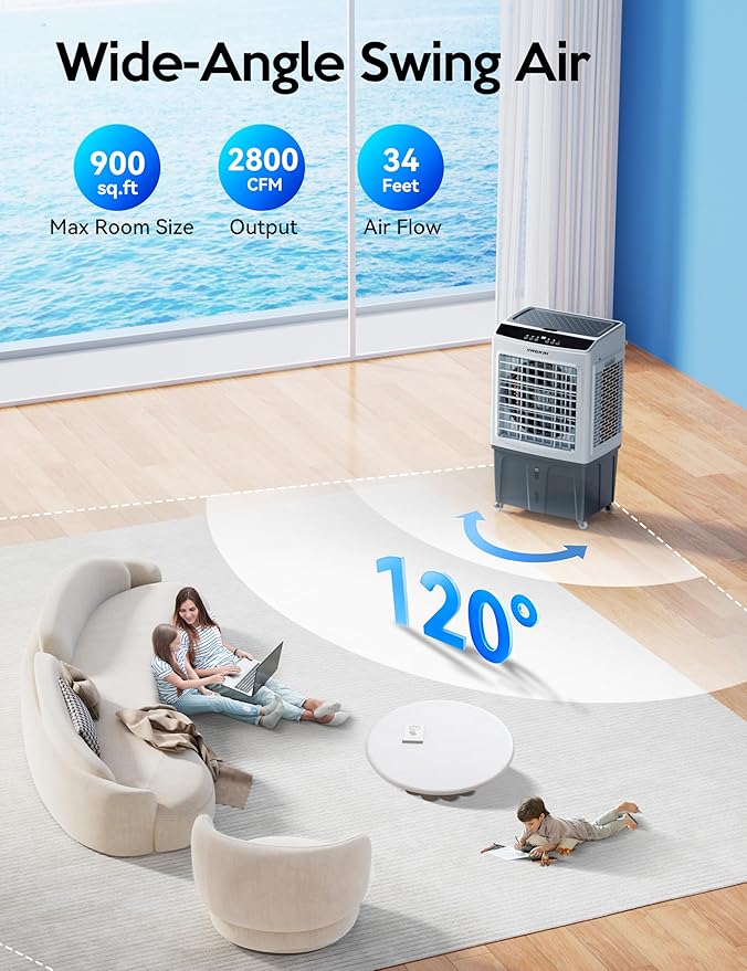 35" Evaporative Air Cooler, 2800CFM Swamp Cooler, 120°Oscillation Air Cooler with Remote Control, 24H Timer, 3 Modes & Wind