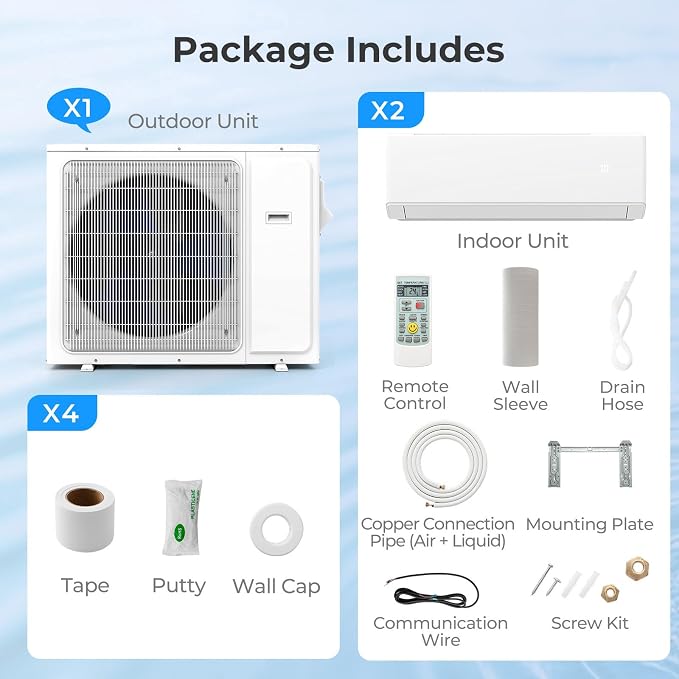 36,000 BTU Dual 2 Zone Mini Split Air Conditioner, Wifi-Enabled 23 SEER2 24000 BTU+ 24000 BTU, Ductless Wall Mounted