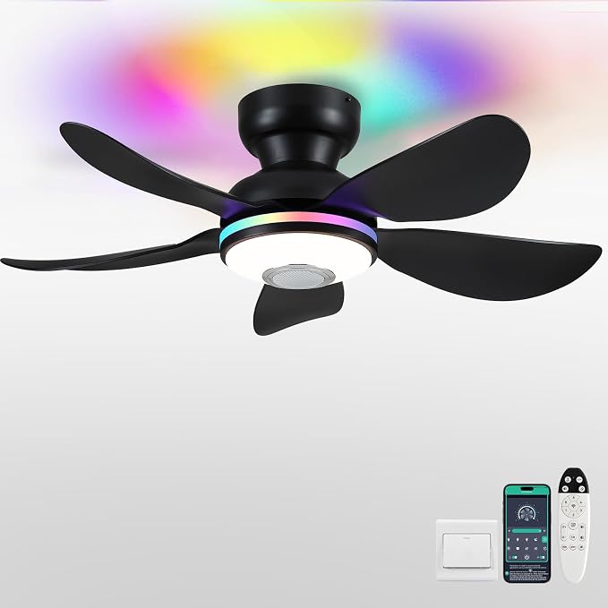 36" Ceiling Fans with RGB Lights Remote/APP Control, Small Ceiling Fan, 3 CCT Dimmable White Lights+RGB Ring Lights+Music