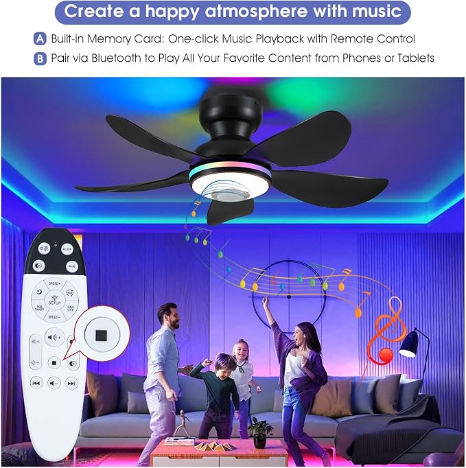 36" Ceiling Fans with RGB Lights Remote/APP Control, Small Ceiling Fan, 3 CCT Dimmable White Lights+RGB Ring Lights+Music