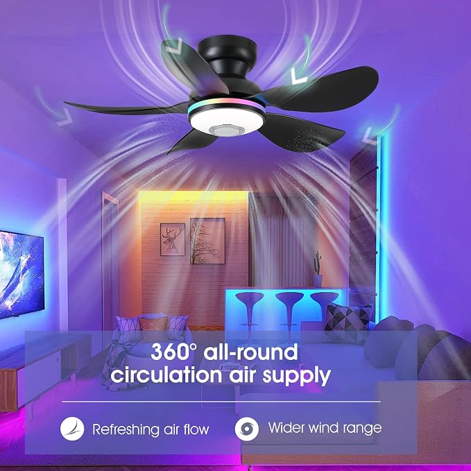 36" Ceiling Fans with RGB Lights Remote/APP Control, Small Ceiling Fan, 3 CCT Dimmable White Lights+RGB Ring Lights+Music