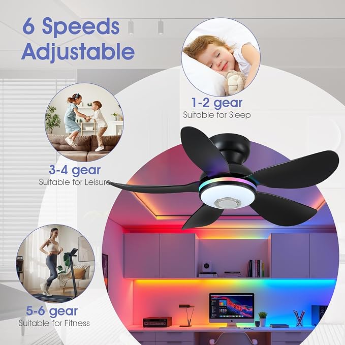 36" Ceiling Fans with RGB Lights Remote/APP Control, Small Ceiling Fan, 3 CCT Dimmable White Lights+RGB Ring Lights+Music