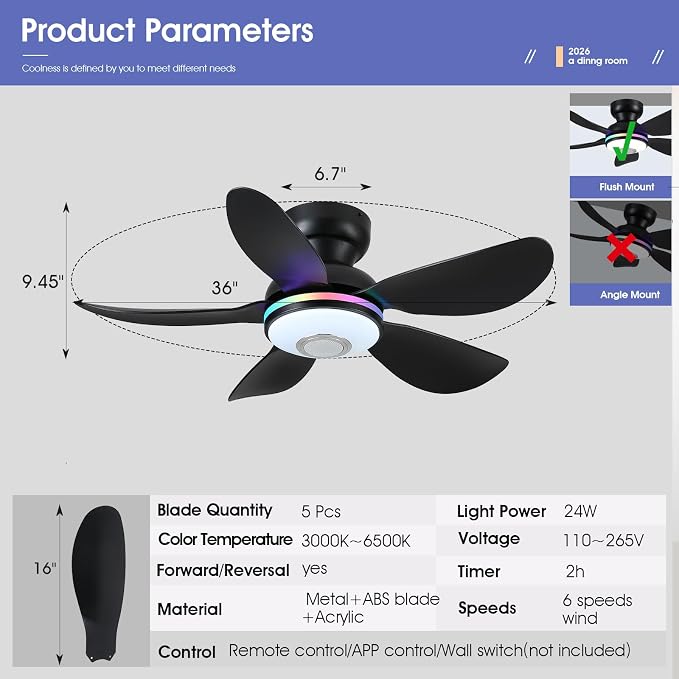 36" Ceiling Fans with RGB Lights Remote/APP Control, Small Ceiling Fan, 3 CCT Dimmable White Lights+RGB Ring Lights+Music