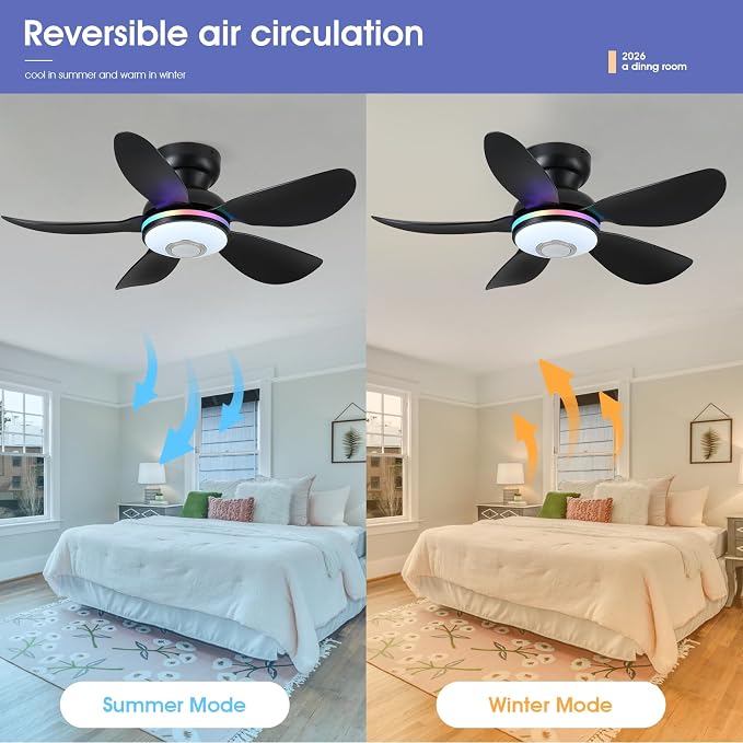 36" Ceiling Fans with RGB Lights Remote/APP Control, Small Ceiling Fan, 3 CCT Dimmable White Lights+RGB Ring Lights+Music