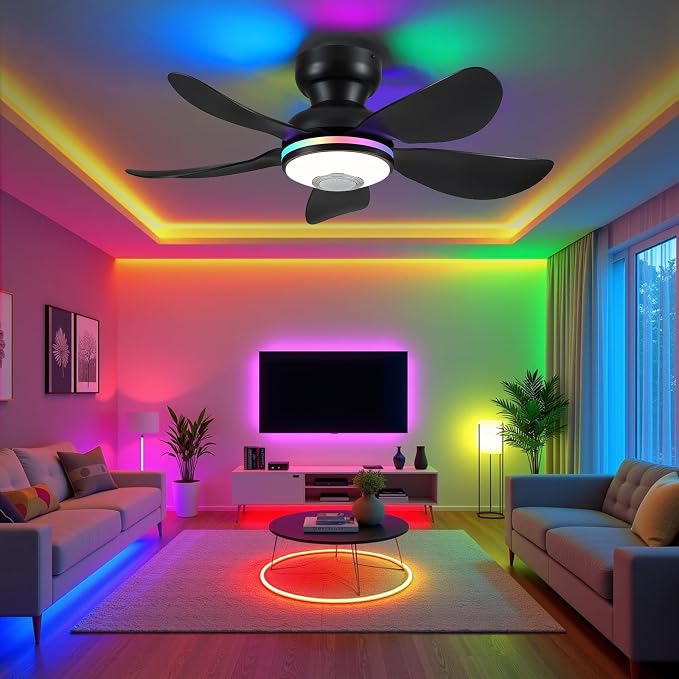 36" Ceiling Fans with RGB Lights Remote/APP Control, Small Ceiling Fan, 3 CCT Dimmable White Lights+RGB Ring Lights+Music