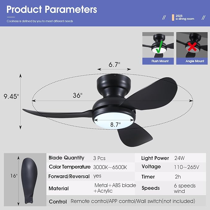 36 Inch Flush Mount Ceiling Fan with Light, 3 Reversible Blades, Remote & APP Control, 3 CCT Dimmable for Bedroom Living