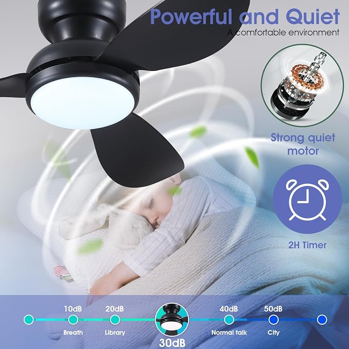 36 Inch Flush Mount Ceiling Fan with Light, 3 Reversible Blades, Remote & APP Control, 3 CCT Dimmable for Bedroom Living