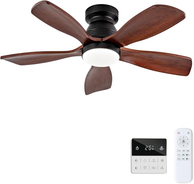 36 Inch Flush Mount Ceiling Fans with Lights and Remote, Dimmable, 5 Blades Wood Ceiling Fan with Light, Low Profile Outdoor