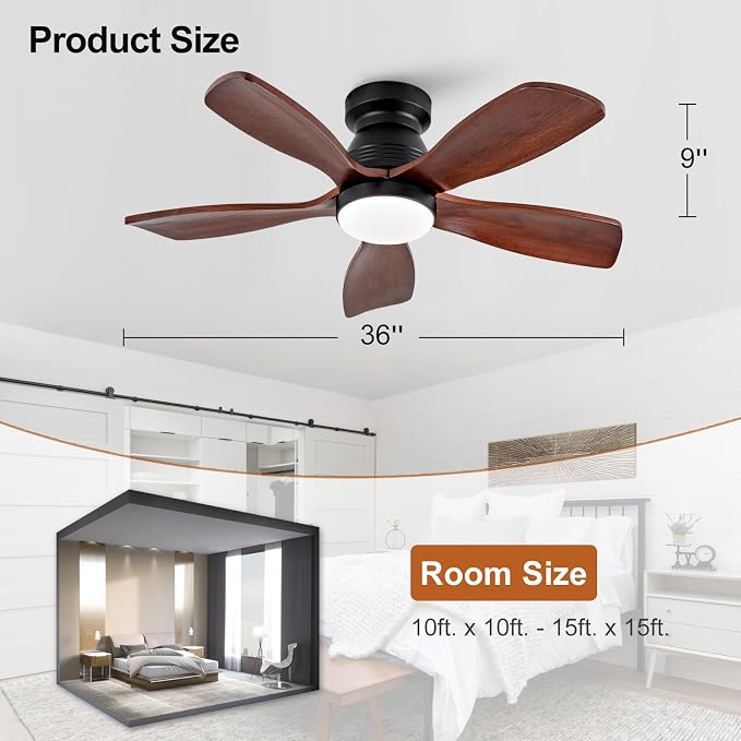 36 Inch Flush Mount Ceiling Fans with Lights and Remote, Dimmable, 5 Blades Wood Ceiling Fan with Light, Low Profile Outdoor
