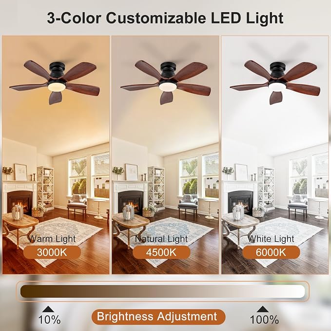 36 Inch Flush Mount Ceiling Fans with Lights and Remote, Dimmable, 5 Blades Wood Ceiling Fan with Light, Low Profile Outdoor