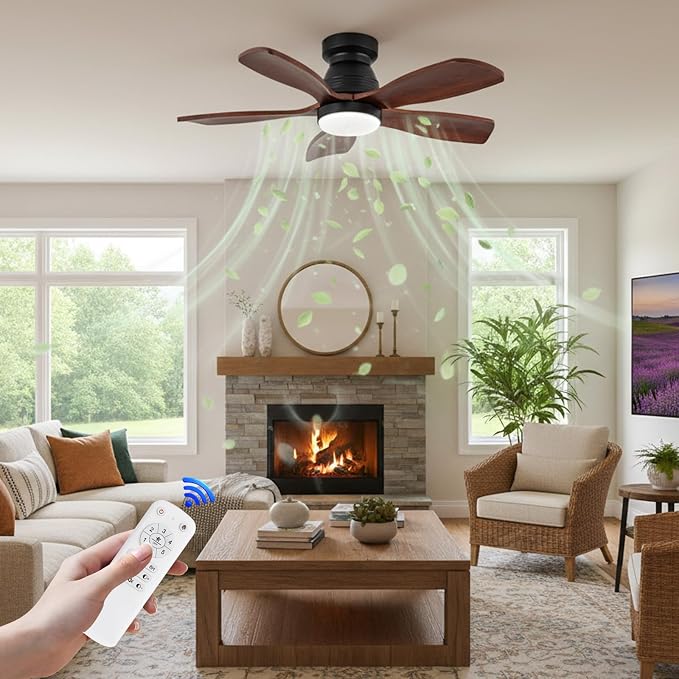 36 Inch Flush Mount Ceiling Fans with Lights and Remote, Dimmable, 5 Blades Wood Ceiling Fan with Light, Low Profile Outdoor