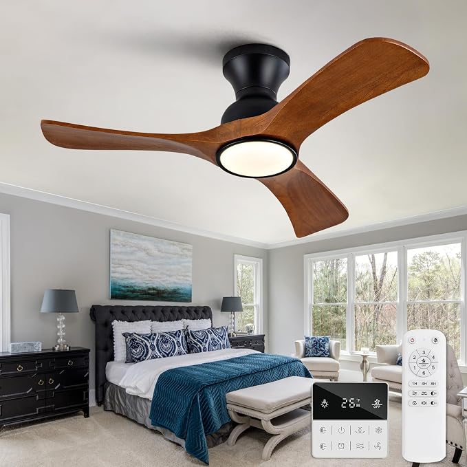 36 inch Flush Mount Ceiling Fans with Lights,Remote Control,Wall Switch,Solid Wood Blades,Dimmable,Reversible,Noiseless, Low
