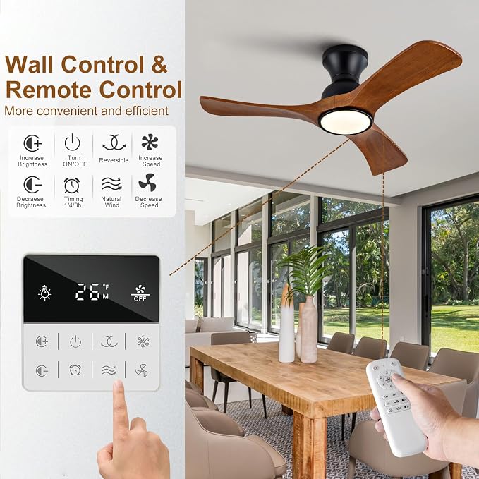 36 inch Flush Mount Ceiling Fans with Lights,Remote Control,Wall Switch,Solid Wood Blades,Dimmable,Reversible,Noiseless, Low