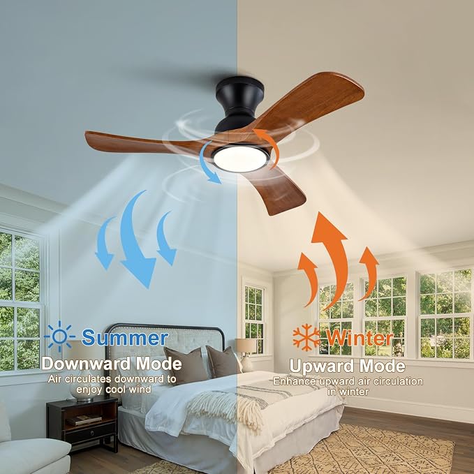 36 inch Flush Mount Ceiling Fans with Lights,Remote Control,Wall Switch,Solid Wood Blades,Dimmable,Reversible,Noiseless, Low