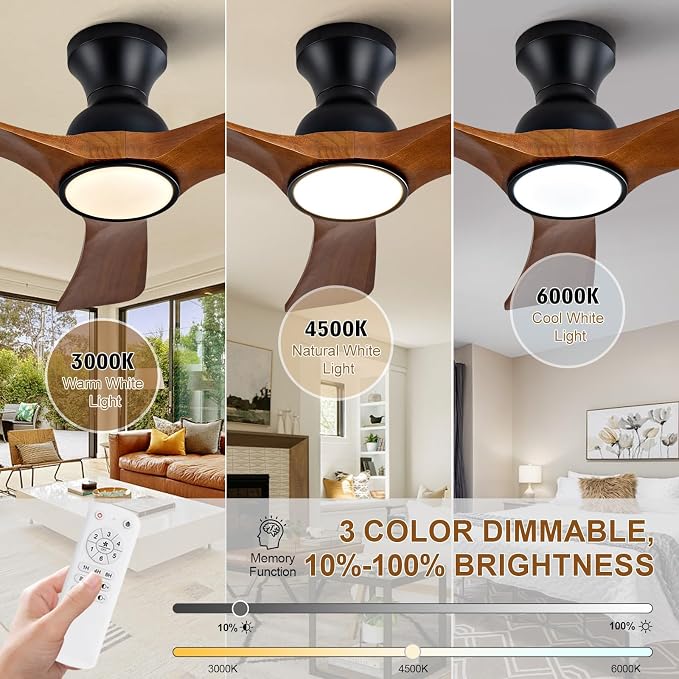 36 inch Flush Mount Ceiling Fans with Lights,Remote Control,Wall Switch,Solid Wood Blades,Dimmable,Reversible,Noiseless, Low