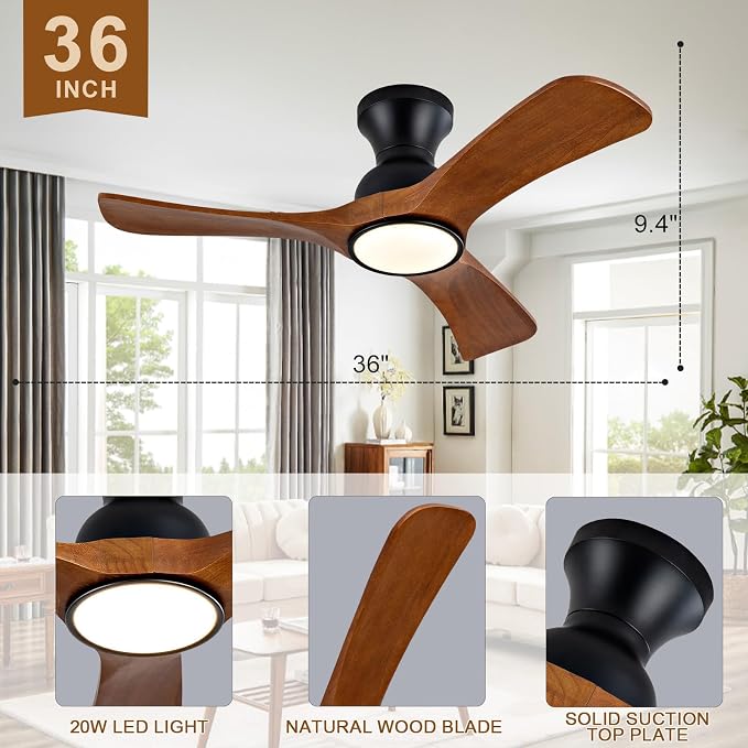 36 inch Flush Mount Ceiling Fans with Lights,Remote Control,Wall Switch,Solid Wood Blades,Dimmable,Reversible,Noiseless, Low