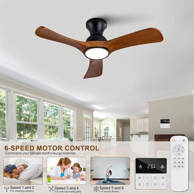 36 inch Flush Mount Ceiling Fans with Lights,Remote Control,Wall Switch,Solid Wood Blades,Dimmable,Reversible,Noiseless, Low