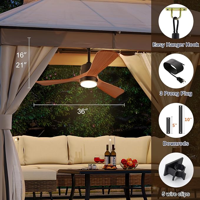 36 Inch Outdoor Ceiling Fan with Light, Gazebo Fan for Patios Waterproof, Plug in Cord Outlet Hook Wet Rated for Outside