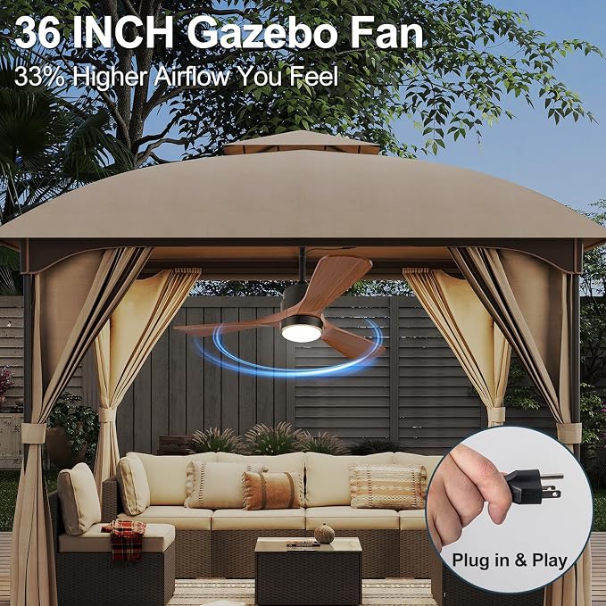 36 Inch Outdoor Ceiling Fan with Light, Gazebo Fan for Patios Waterproof, Plug in Cord Outlet Hook Wet Rated for Outside