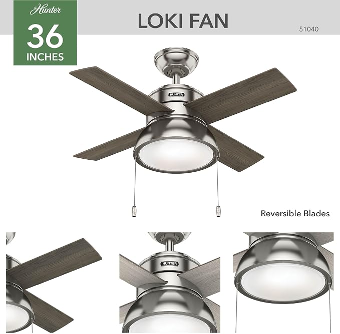 36 inch Small Indoor Ceiling Fan with LED Light and Pull Chain - Standard Mount Ceiling Fan, 4 Blades, For Bedroom, Home