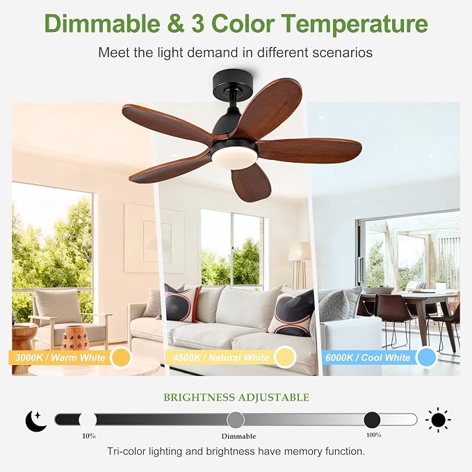 36 Inch Solid Wood Ceiling Fans With Lights, Remote Control, Dimmable, Reversible, Wood Blades, Power-Off Memory, Quiet DC