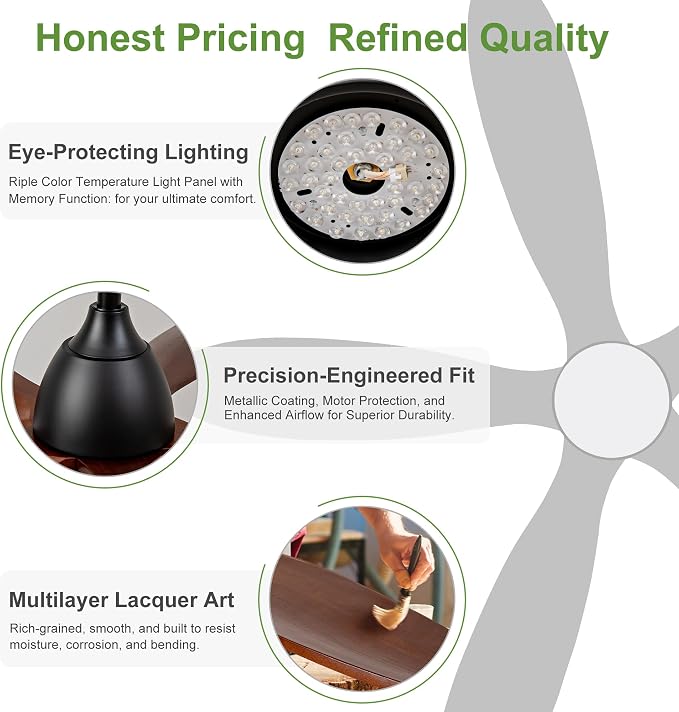 36 Inch Solid Wood Ceiling Fans With Lights, Remote Control, Dimmable, Reversible, Wood Blades, Power-Off Memory, Quiet DC