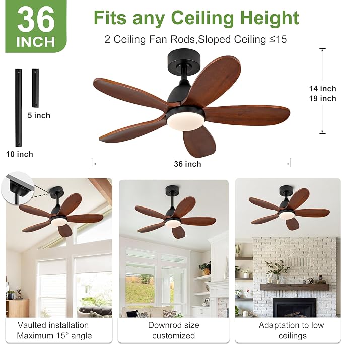 36 Inch Solid Wood Ceiling Fans With Lights, Remote Control, Dimmable, Reversible, Wood Blades, Power-Off Memory, Quiet DC
