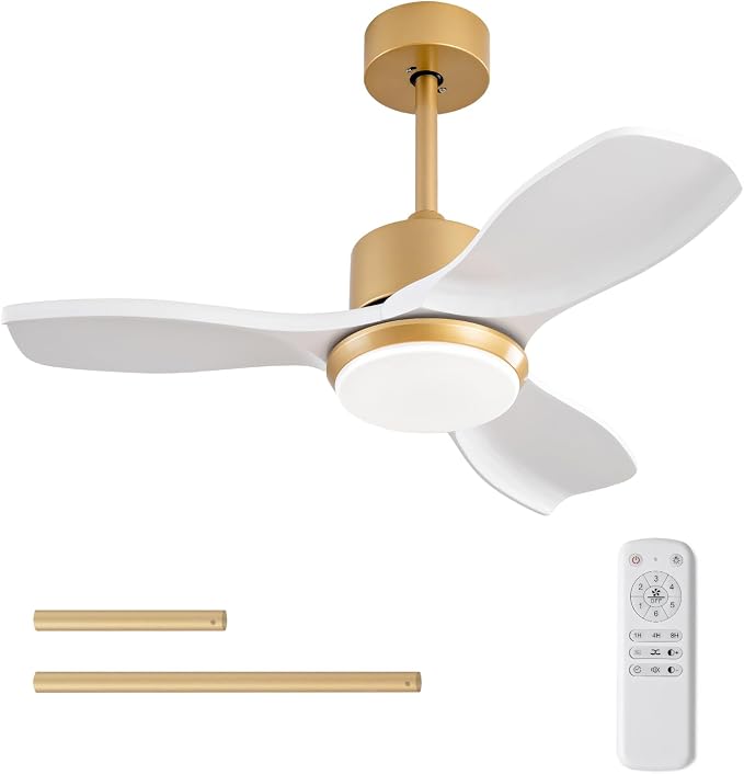 36 Inch White and Gold Ceiling Fans with Lights and Remote, 3 Blade Wood Ceiling Fan with Light, Dimmable, Memory Function