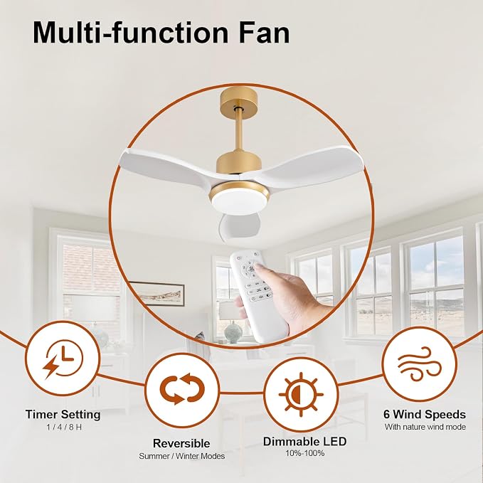 36 Inch White and Gold Ceiling Fans with Lights and Remote, 3 Blade Wood Ceiling Fan with Light, Dimmable, Memory Function