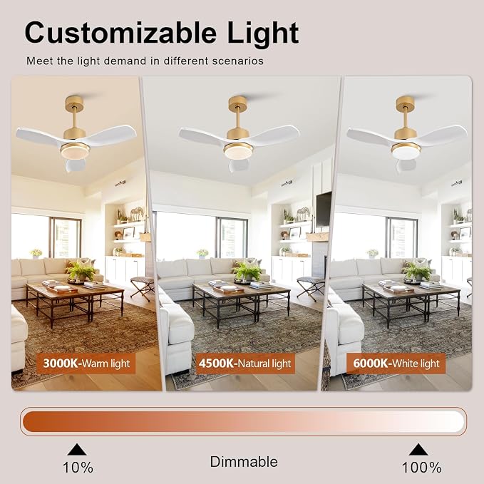 36 Inch White and Gold Ceiling Fans with Lights and Remote, 3 Blade Wood Ceiling Fan with Light, Dimmable, Memory Function