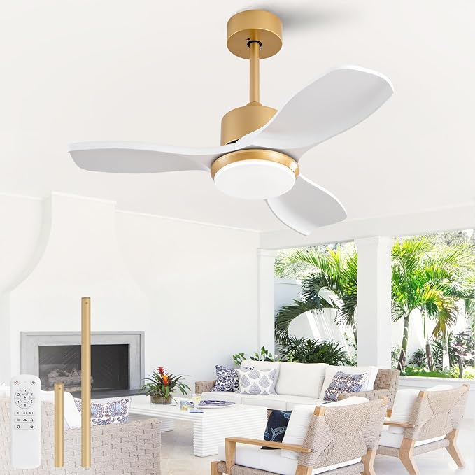 36 Inch White and Gold Ceiling Fans with Lights and Remote, 3 Blade Wood Ceiling Fan with Light, Dimmable, Memory Function