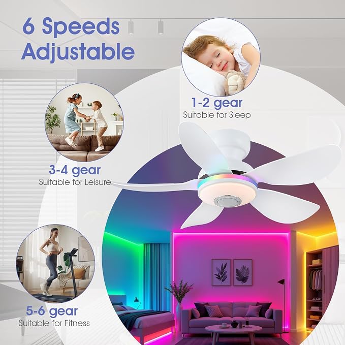 36 Inch White Ceiling Fan with Light, 5 Blades Flush Mount Fan with RGB & 3 CCT Dimmable Light, APP & Remote Control