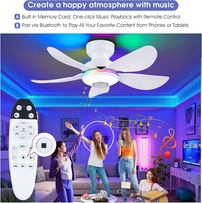 36 Inch White Ceiling Fan with Light, 5 Blades Flush Mount Fan with RGB & 3 CCT Dimmable Light, APP & Remote Control