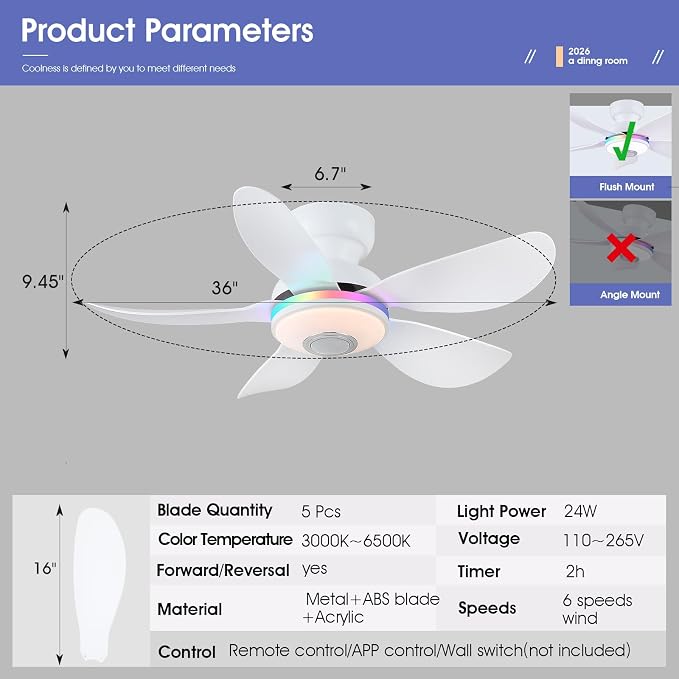 36 Inch White Ceiling Fan with Light, 5 Blades Flush Mount Fan with RGB & 3 CCT Dimmable Light, APP & Remote Control