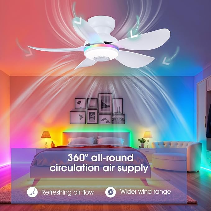 36 Inch White Ceiling Fan with Light, 5 Blades Flush Mount Fan with RGB & 3 CCT Dimmable Light, APP & Remote Control