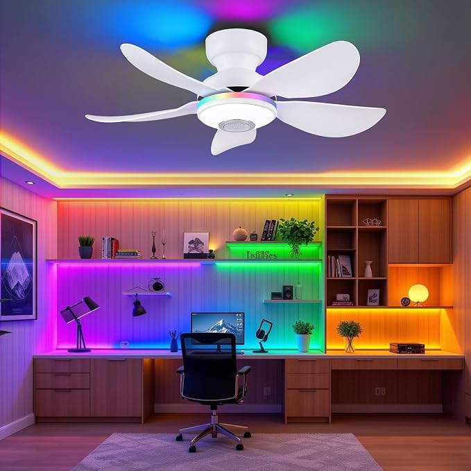 36 Inch White Ceiling Fan with Light, 5 Blades Flush Mount Fan with RGB & 3 CCT Dimmable Light, APP & Remote Control