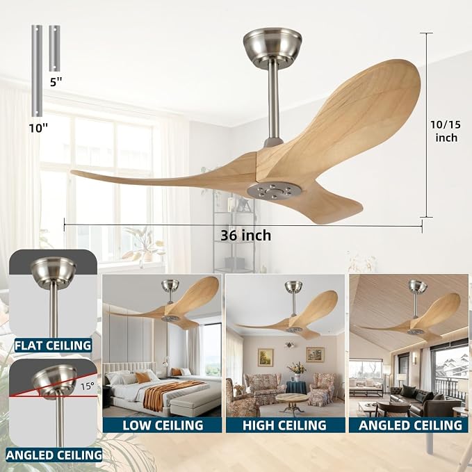 36 Inch Wooden Ceiling Fan Without Light With Remote Control, 3 solid wood fan blades Ceiling Fan for Indoor, Living Room
