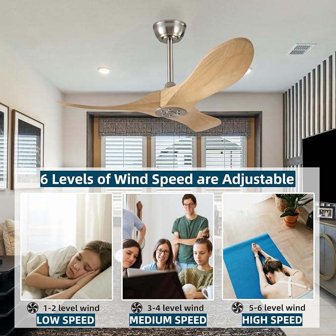 36 Inch Wooden Ceiling Fan Without Light With Remote Control, 3 solid wood fan blades Ceiling Fan for Indoor, Living Room