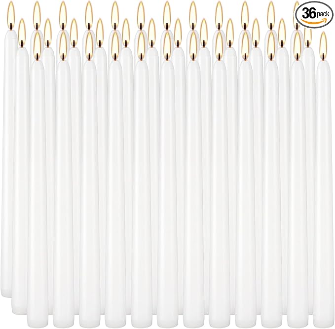 36 Pack White Taper Candles, 7-8 Hours Burn Time, Unscented, Smokeless and Dripless, 0.8 x 10 Inch Dinner Candle Set for