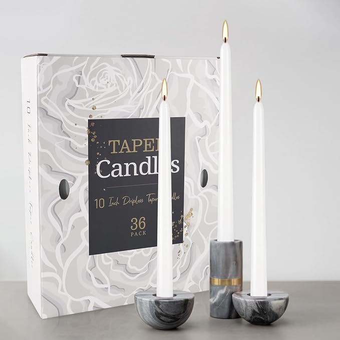 36 Pack White Taper Candles, 7-8 Hours Burn Time, Unscented, Smokeless and Dripless, 0.8 x 10 Inch Dinner Candle Set for