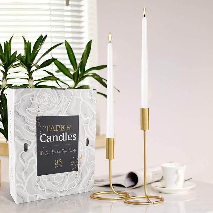 36 Pack White Taper Candles, 7-8 Hours Burn Time, Unscented, Smokeless and Dripless, 0.8 x 10 Inch Dinner Candle Set for